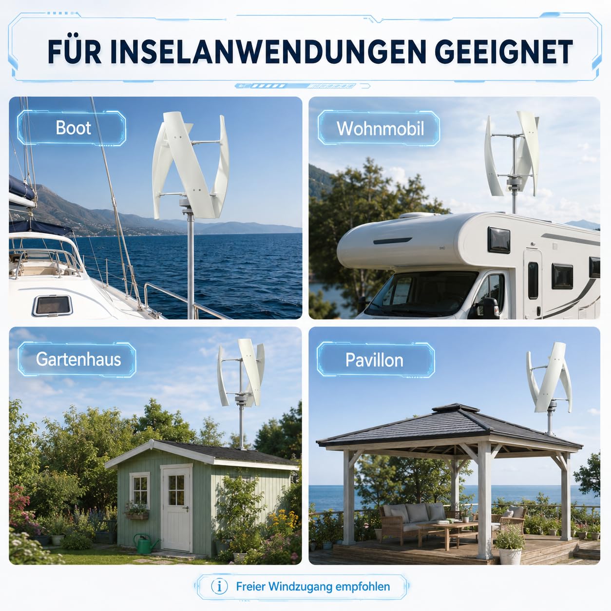 Vertikaler Windturbinen-Generator 100W 24V Windkraftanlage | Mit Permanentmagnet-Lagertung, Windturbine mit 3 Nylonfaser-Blättern und 30 dB, für Boote und Pavillons(Weiß）