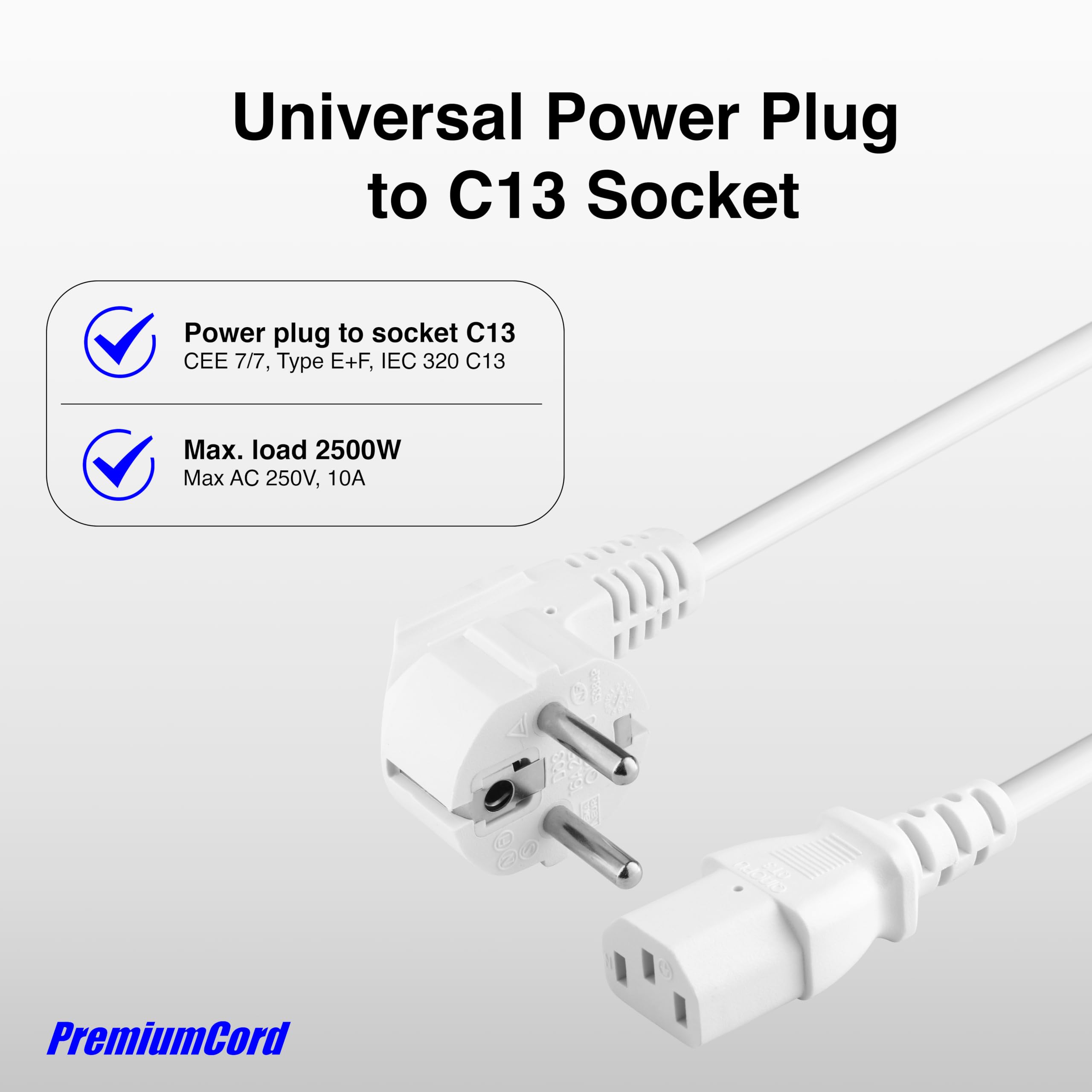 PremiumCord Kabel Zasilający 230V 5m, Kabel Zasilający ze Stykiem Uziemiającym pod Kątem do Gniazda C13, IEC 320, Kabel Zasilający PC 3-pin, 5m, Biały