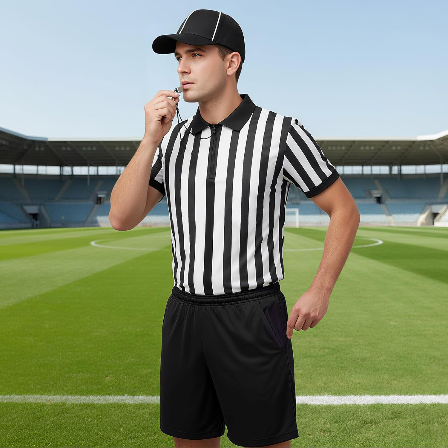6 Pcs Men's Official Referee Costume Set Black and White Stripe Shirt Shorts and Socks Referee Hat Whistle Tossing Flag - Image 5