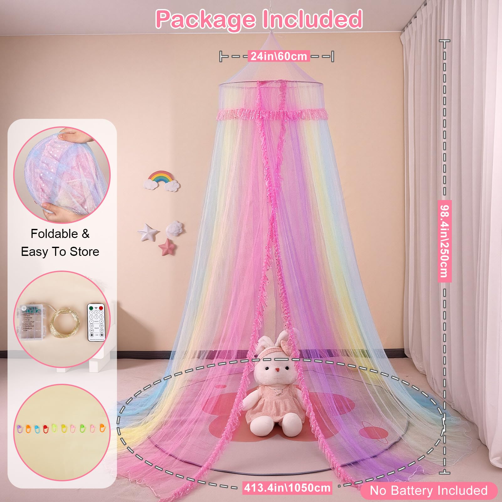 MHJY Baldacchino per Letto per Ragazze, Zanzariera per Letto per Bambini con Luci LED e Telecomando, Decorazione per Camera da Principessa, Accessori per Camera da Letto per Bambini