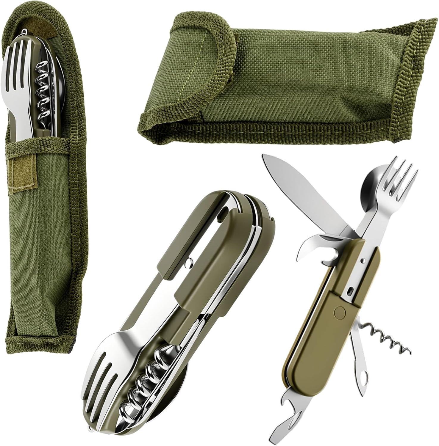2 Pack Posate da Campeggio,7 in 1 Posate Staccabili per Campeggio with Nylon Pouch,Folding Camping Cutlery Set for Travel, Hiking, Picnic.(Verde)