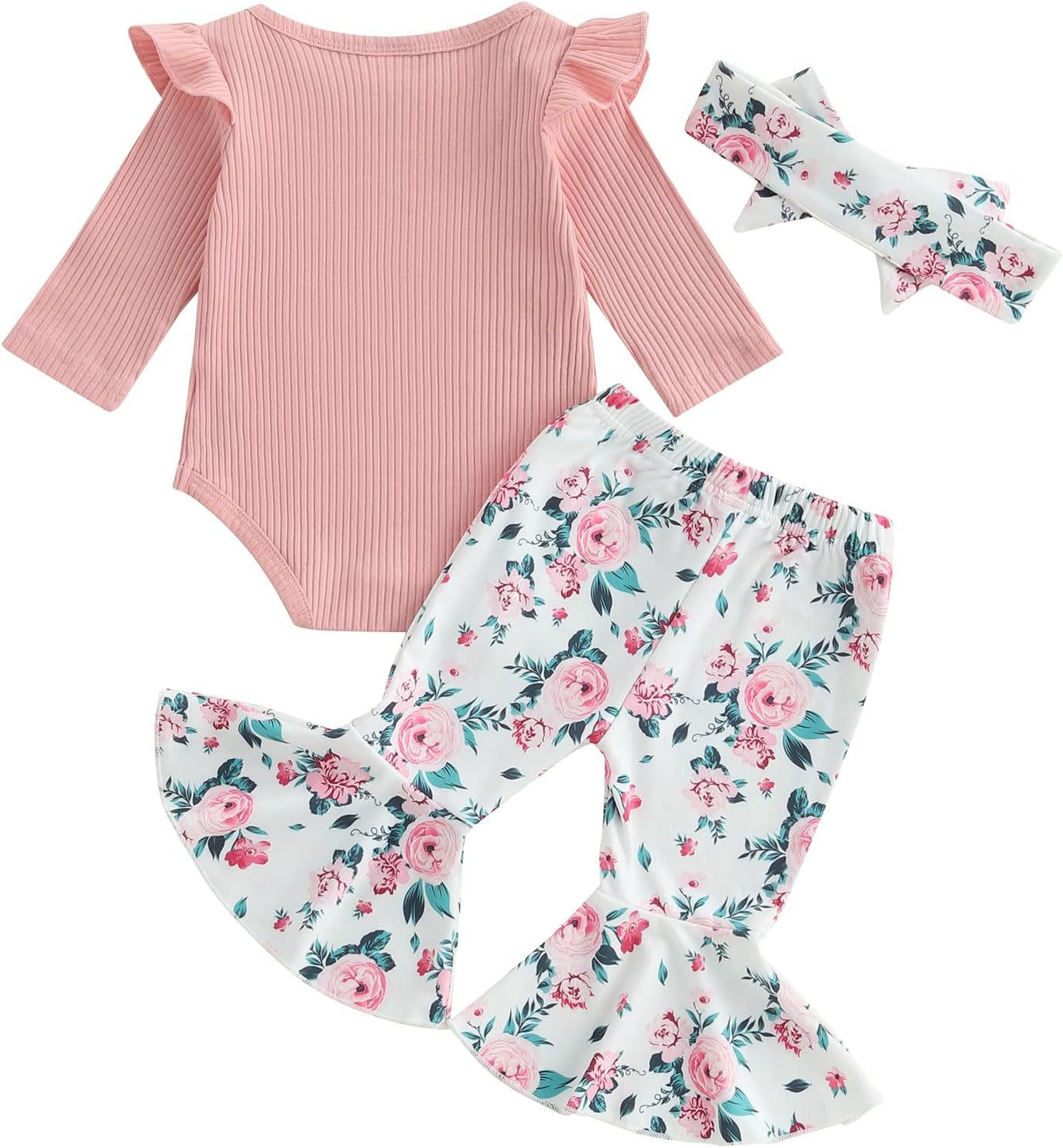 GINEVSALNewborn Baby Girls Fall Clothes Mommy is My Bestie Letter Print Long Sleeve Romper Floral Long Pants Headband Set - Image 4