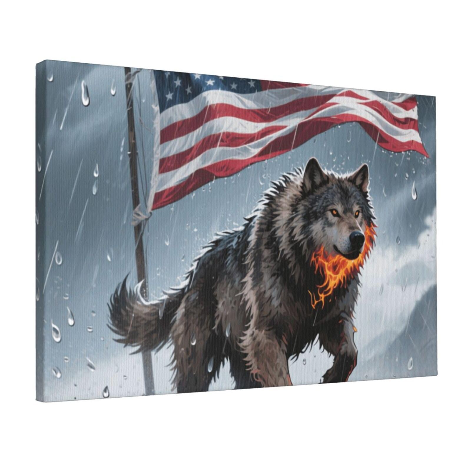 Fodpand American Flag Wolf Print Unframed Canvas Wall Art,Modern Posters Print Wall Decor Canvas Oil Painting For Bedroom Living Room Bathroom Wall Hanging Artwork Ready To Hang 12"X18"