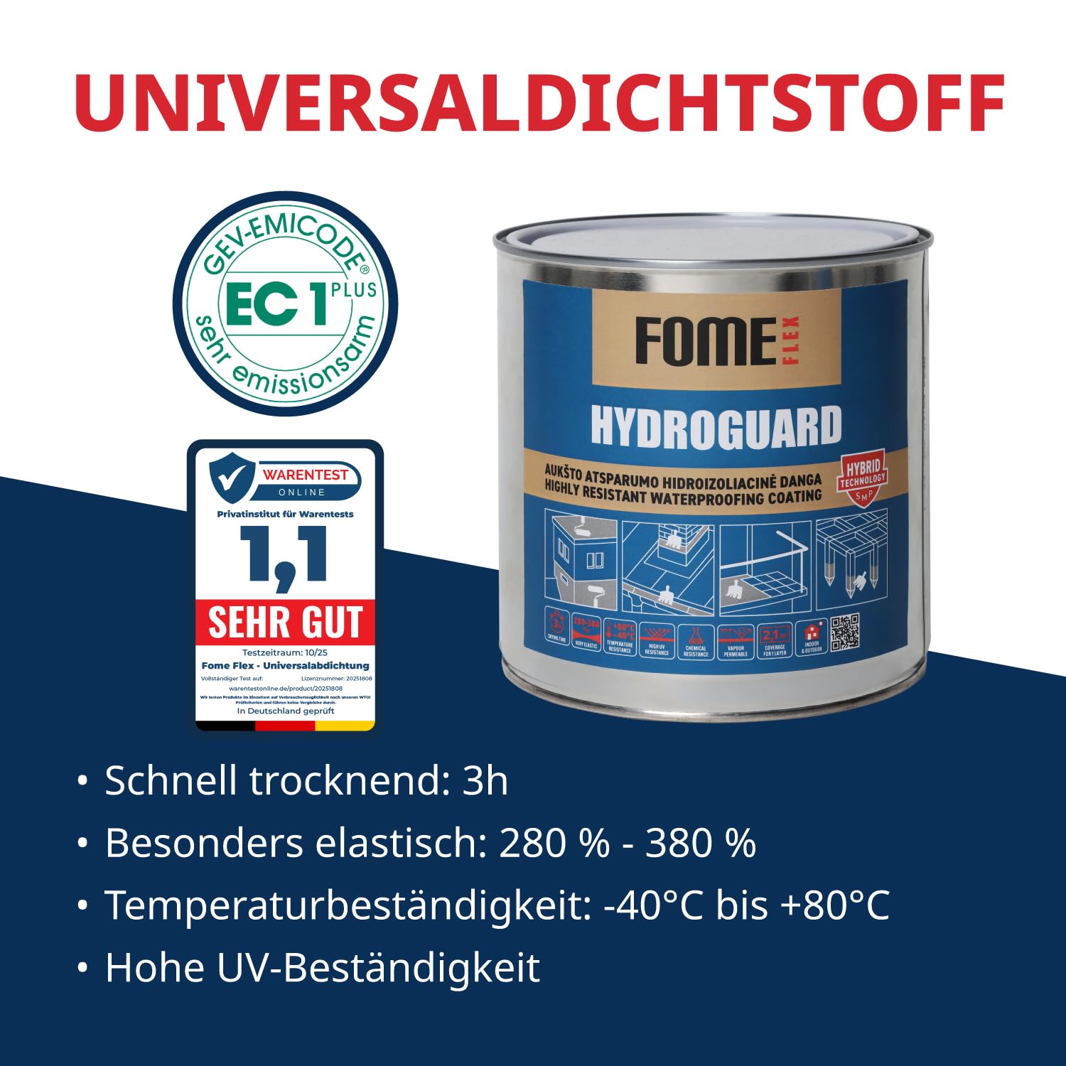 Lösemittelfreie Universalabdichtung für Innen & Außen. 7kg Wasserdichte Dichtmasse Fome Flex HydroGuard, flexibel und leicht aufzutragen. Premium Polymer Flüssigdichtstoff für Dächer, Risse und Lecks.