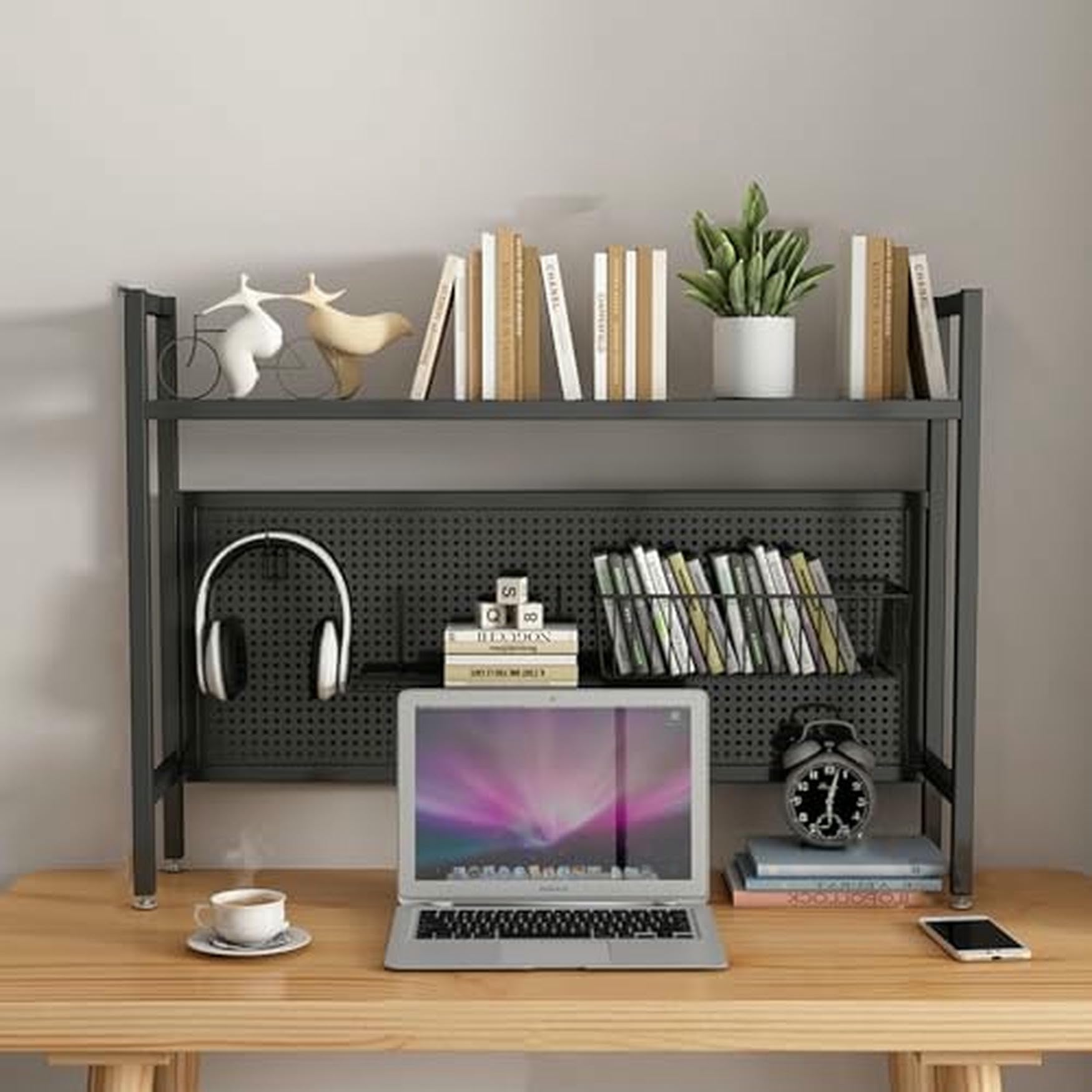 CWCQGH Black Desktop Hutch & Bookshelf - 95cm Student Pegboard Bookcase for Dormitory & Home Office - Computer Desk Storage Rack & Display, Single Layer Organization Solution,Black Single Layer-95cm