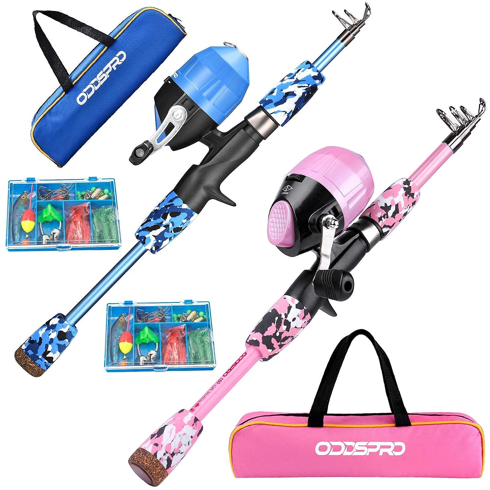 ODDSPRO Kids Fishing Pole inlcluding Fishing Lure and Carry Bag, Blue + Pink