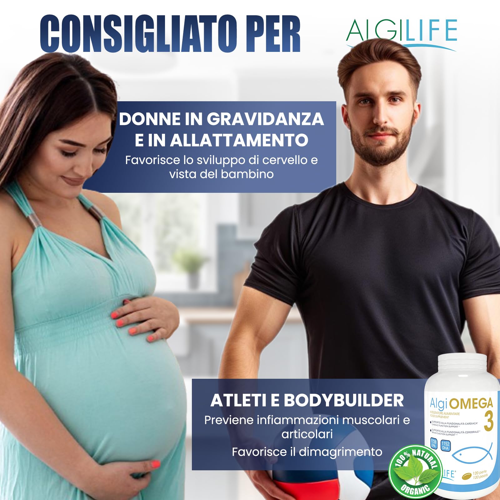 Omega-3 ALGILIFE (120 Perle, scorta 1-4 mesi), Omega 3 per cani e persone, Omega3 1200mg, Olio di Pesce Omega 3 Capsule, 432 EPA e 288 DHA con Vitamina E 5mg, Omega 3 Ifos