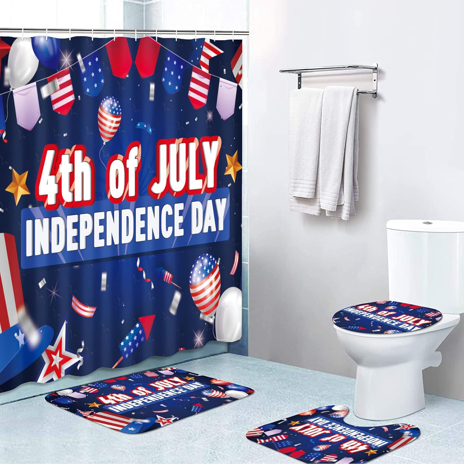 4th of July Gnomes Bathroom Set with Shower Curtains,Bath Mat, Toilet Cover and Rugs, 4Pcs Red White and Blue American Flag Star Bathroom Shower Curtain with 12 Hooks Waterproof Bathroom Decor Set