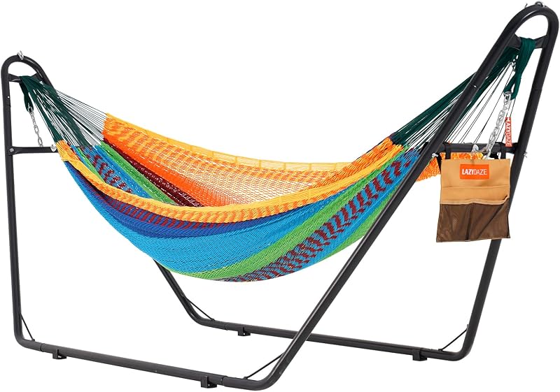 Lazy Daze Mayan Hammock with Heavy Duty Steel Stand | 10.5 FT Soft Rope Double Hammock for Patio Outside, 550 lbs Weight Capacity, Multi Color