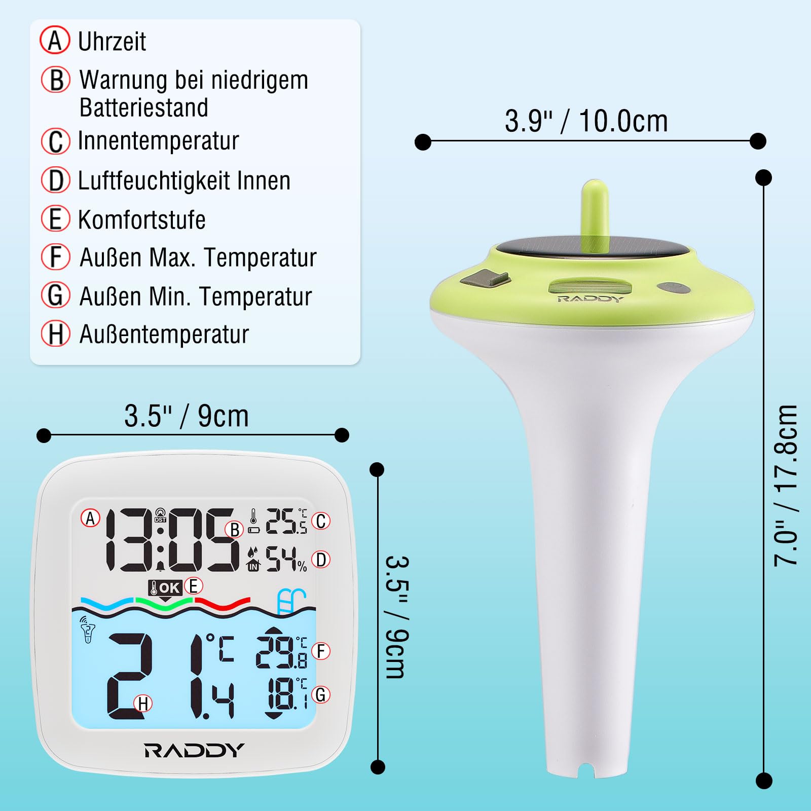 Raddy PT-5 TN Termómetro Inalámbrico para Piscina Flotante, IPX8, Resistente al Agua, Solar y Batería, Termómetro Digital con Temperatura Interior / Exterior y Humedad para Piscina, Jacuzzi, Estanque