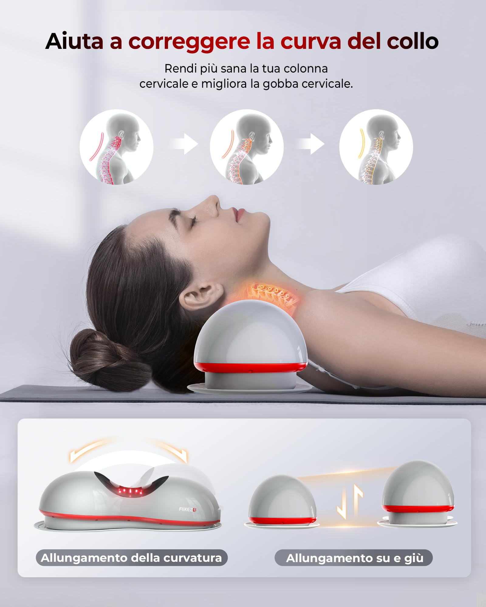 Flikeze Raddrizzatore per il collo riscaldato con terapia a luce rossa, dispositivo di trazione wireless per alleviare dolori al collo e rilassamento delle spalle, massaggiatore per il collo per casa