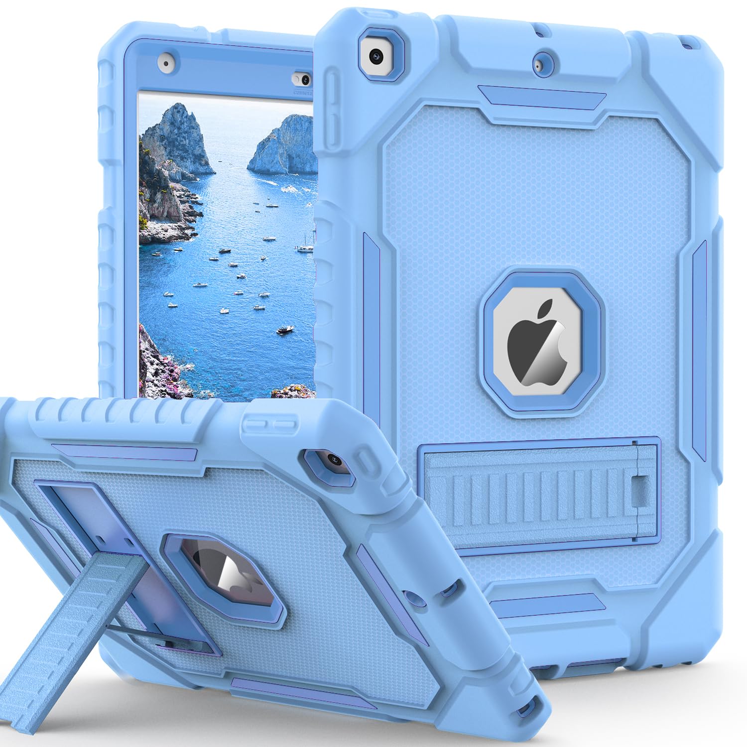 ZoneFoker Case for iPad 9th/8th/7th Generation 2021/2020/2019(10.2 inch), Heavy Duty Military Grade Shockproof Rugged Protective 10.2" Cover with Built-in Stand for iPad 9 8 7 Gen (SkyBlue)