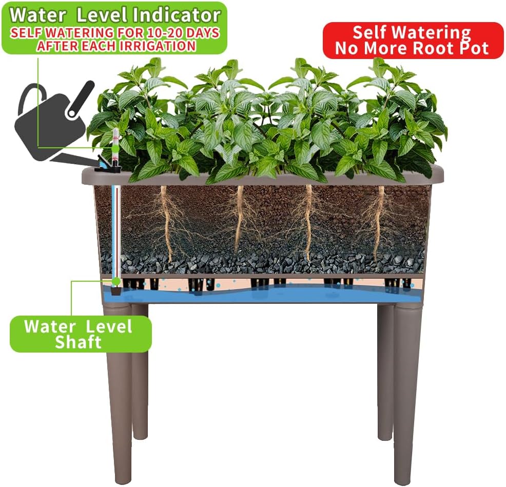 4 Pcs Self Watering Elevated Raised Garden Bed, Large Outdoor Plastic Planter Box Big Flower Plant Pot for Planting Flowers Vegetables and Herbs (4, Khaki)