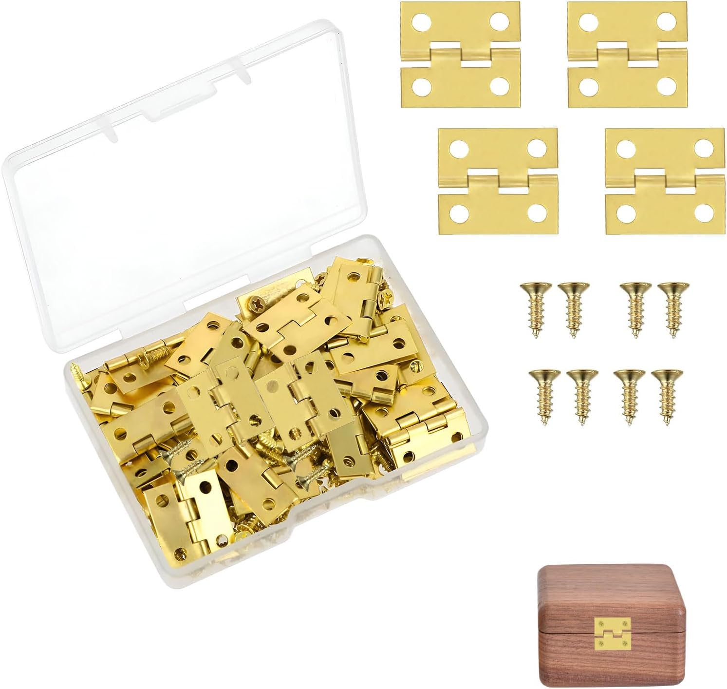 Eophmi Retro Gold-Plated Iron Small Hinges for Wood, 50PCS with 200 Screws, 1.8x1.6cm, Hole Style, Gold Finish