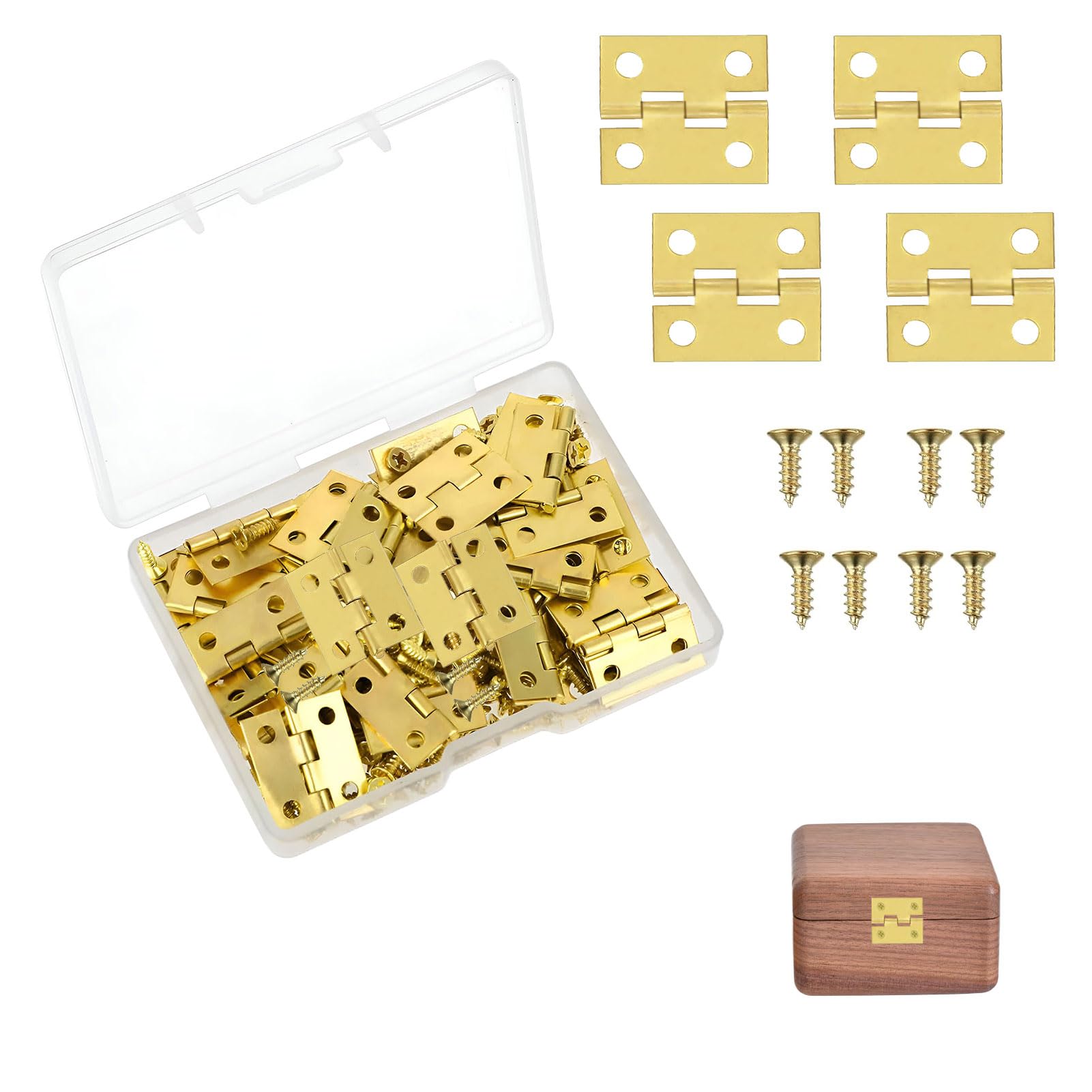 Eophmi Retro Gold-Plated Iron Small Hinges for Wood, 50PCS with 200 Screws, 1.8x1.6cm, Hole Style, Gold Finish