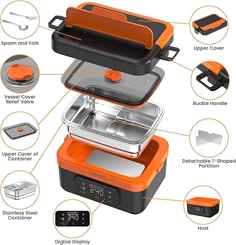 Miniatura 9 de Fiambrera eléctrica para adultos, calentador de alimentos autocalentable recargable de 75 W con recipiente de acero inoxidable de 1.5 L, lonchera