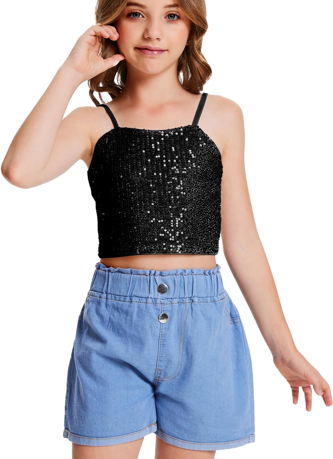 Girls Sleeveless Tank Top Sequin Spaghetti Strap Crop Cami Camisole Sparkly Dance Blouse - Image 3