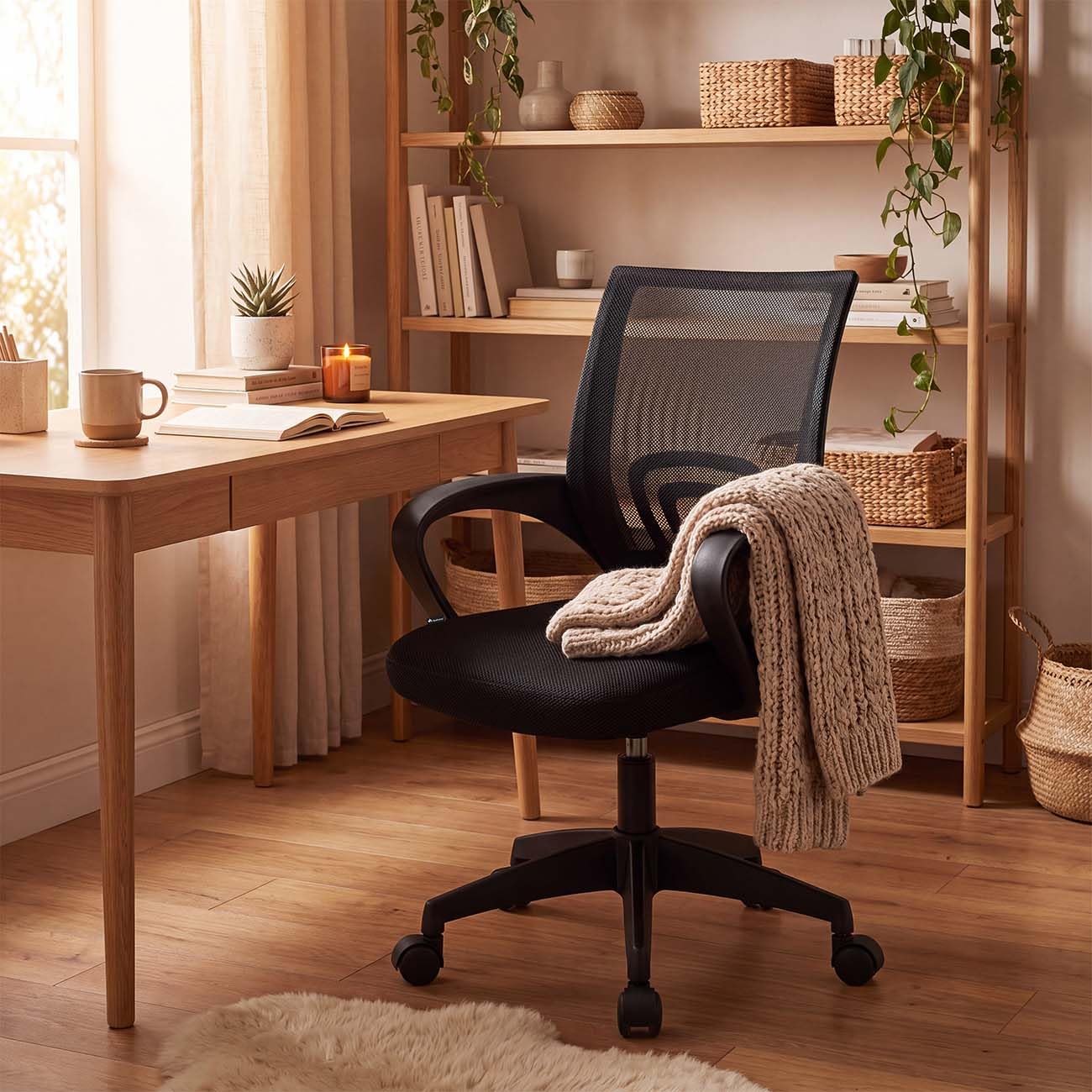 duehome | Silla de Escritorio Ergonómica con Respaldo Transpirable, Altura Regulable, Ruedas 360°, Modelo Nika, Acabado en Color Negro, Medidas: 55 cm (Ancho) x 47 cm (Largo) x 84-94 cm (Alto)
