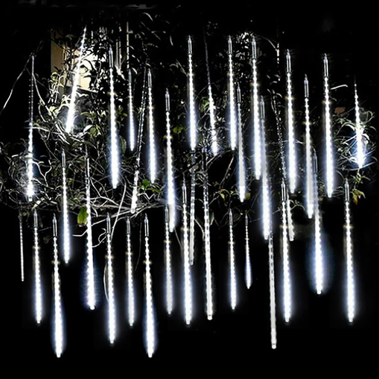 Meteor Shower Lights,Outdoor Christmas Decoration Icicle Lights Waterproof Cascading Lights,Hanging Tree Falling Rain Lights for Weddings Patio Yard Thanksgiving New Year-White 12 inch 8 Tubes 192led