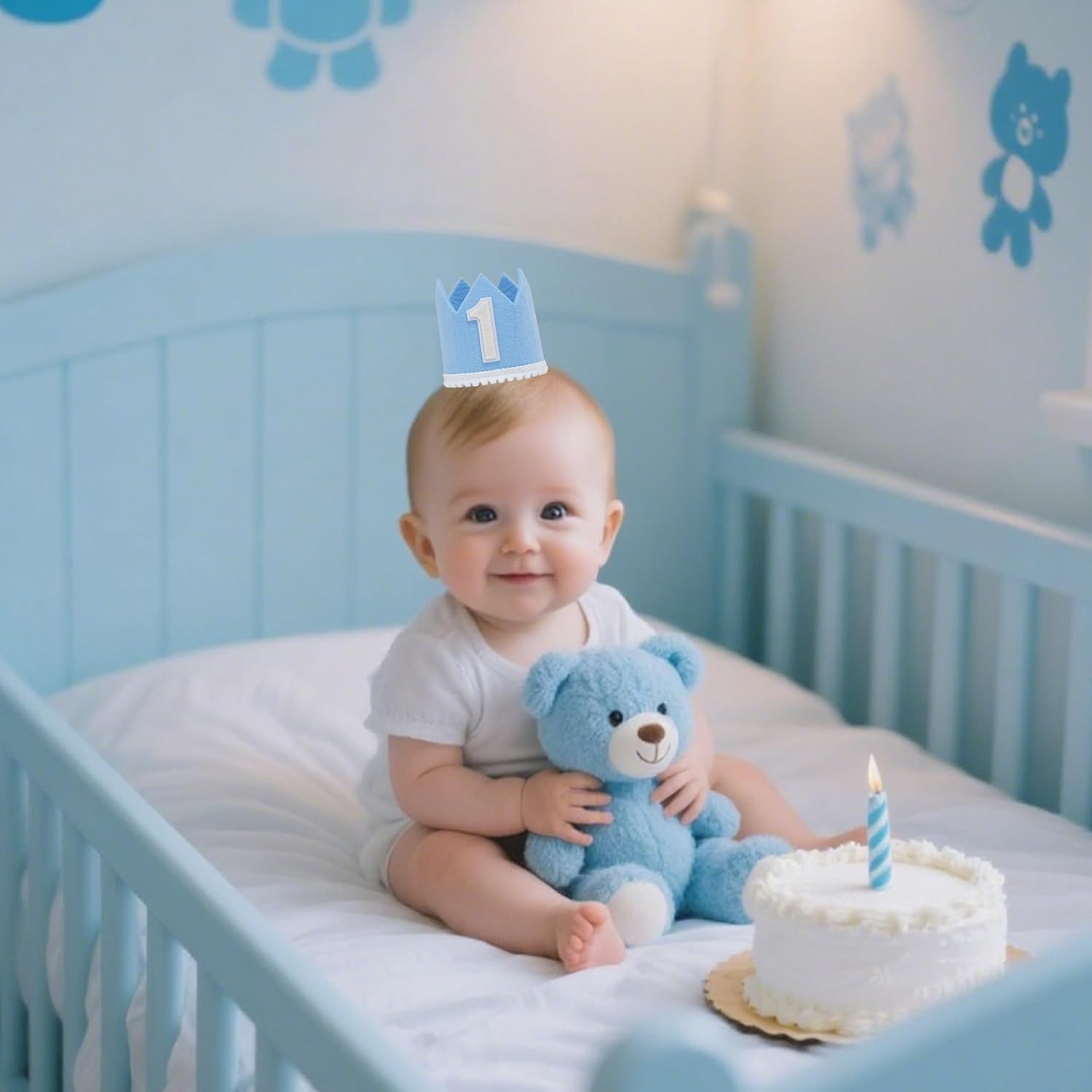 First Birthday Crown Hat, Blue Felt with White Number 1, White Pom Pom Trim - Image 2