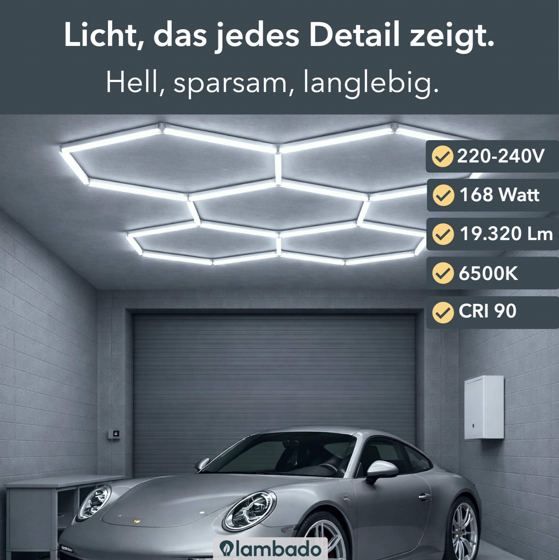 lambado® Hexagon LED Deckenleuchte Garagenlampe 5er Set | Farbtemperatur 6500K Weiß | für Werkstatt Garage Fitnessstudio Barber Shop Salon Showroom