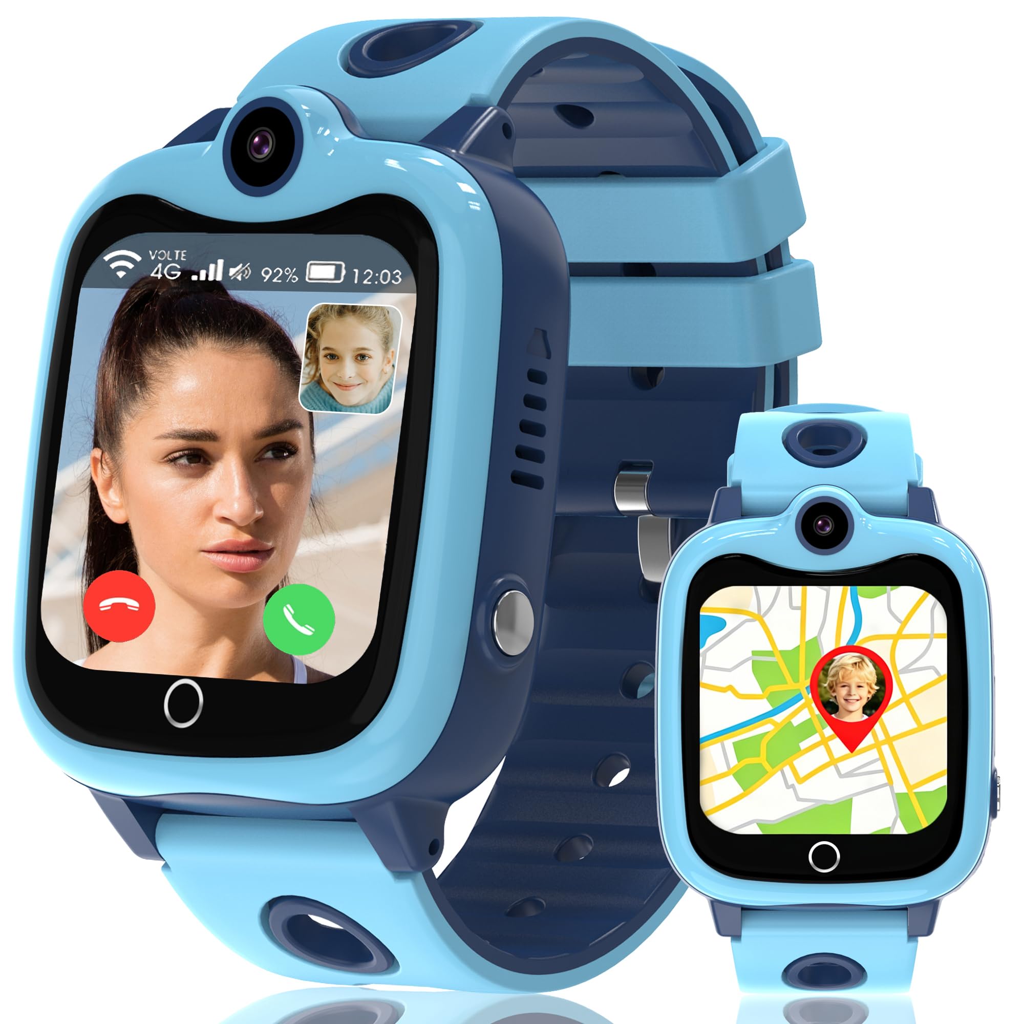4G Reloj Inteligente Niño, Smartwatch Niño con GPS y Llamadas, HD Videollamada, Chat de Voz, SOS, Modo Escuela, Podómetro, Cámara, Despertador, Juegos, IP68 Impermeable, Regalo Niñas y Niños Azul