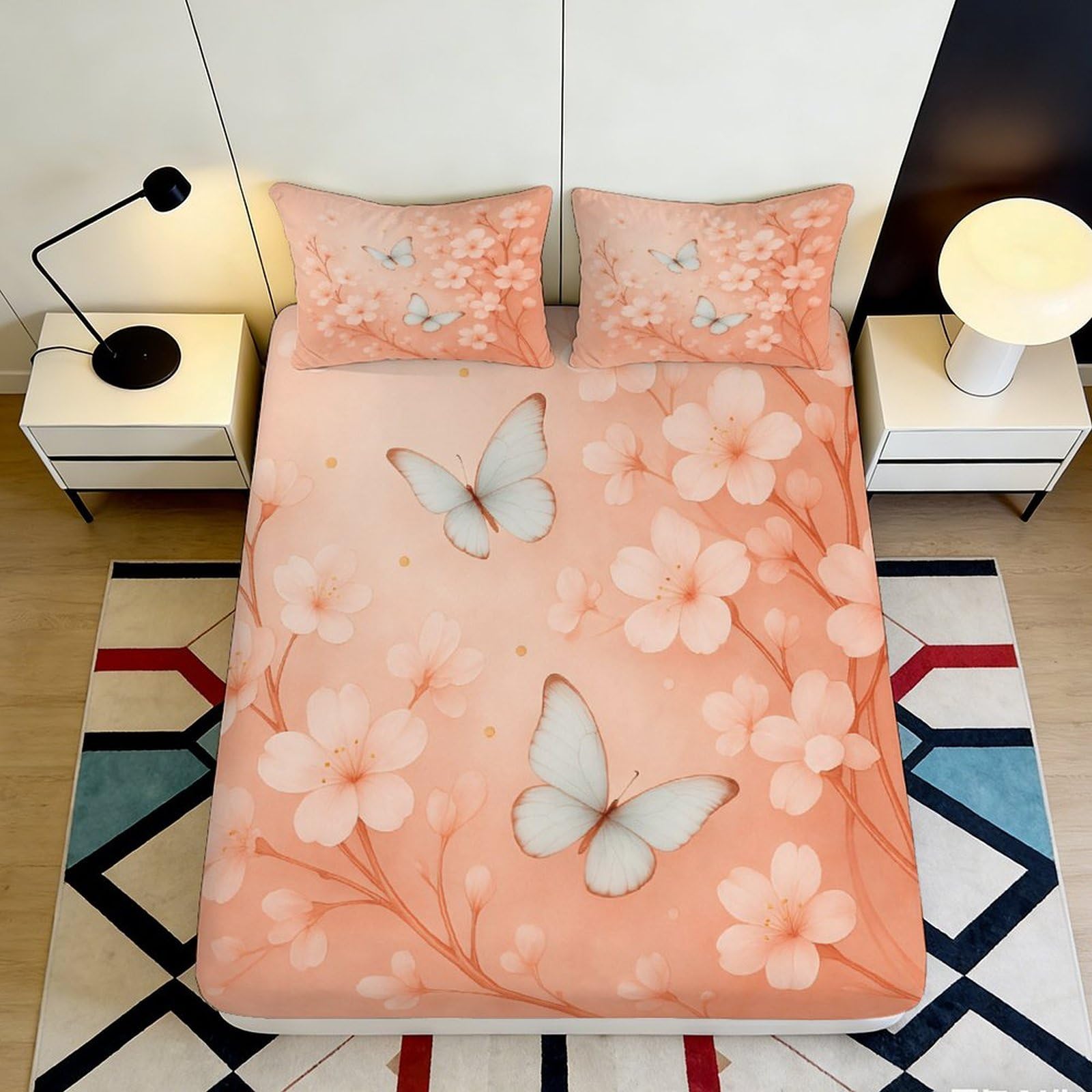 Jqzkxnhpbr Style-5 3D Printed Peach Blossom Butterfly Fitted Sheet Microfiber Soft Decorative Bed Cover For Bedroom Guest Room Protection 90X200x25cm