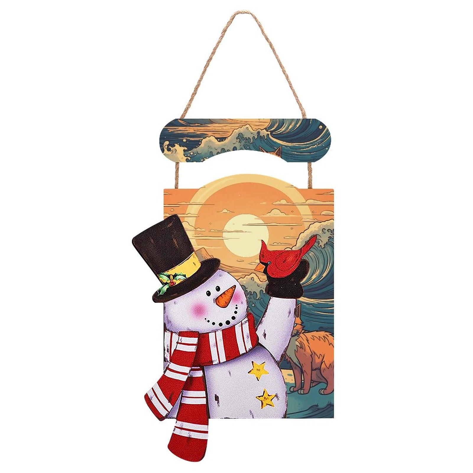 Peinture en bois bonhomme de neige chat pour intérieur cosy