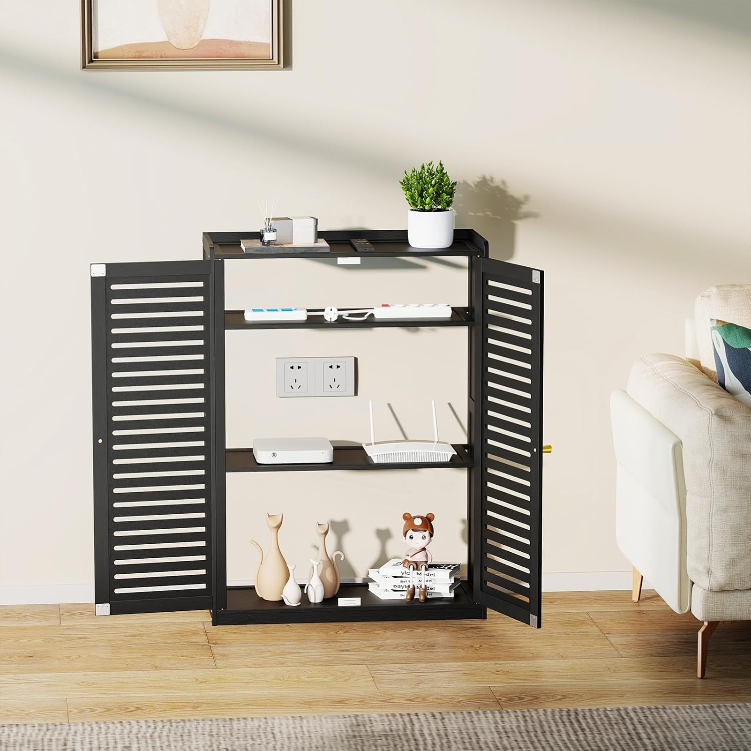 WiFi Router Storage Box – Multimedia Concealment Cabinet with Cable Management, Floor Standing WiFi Router Modem Storage, Perfect for Home and Office, Black