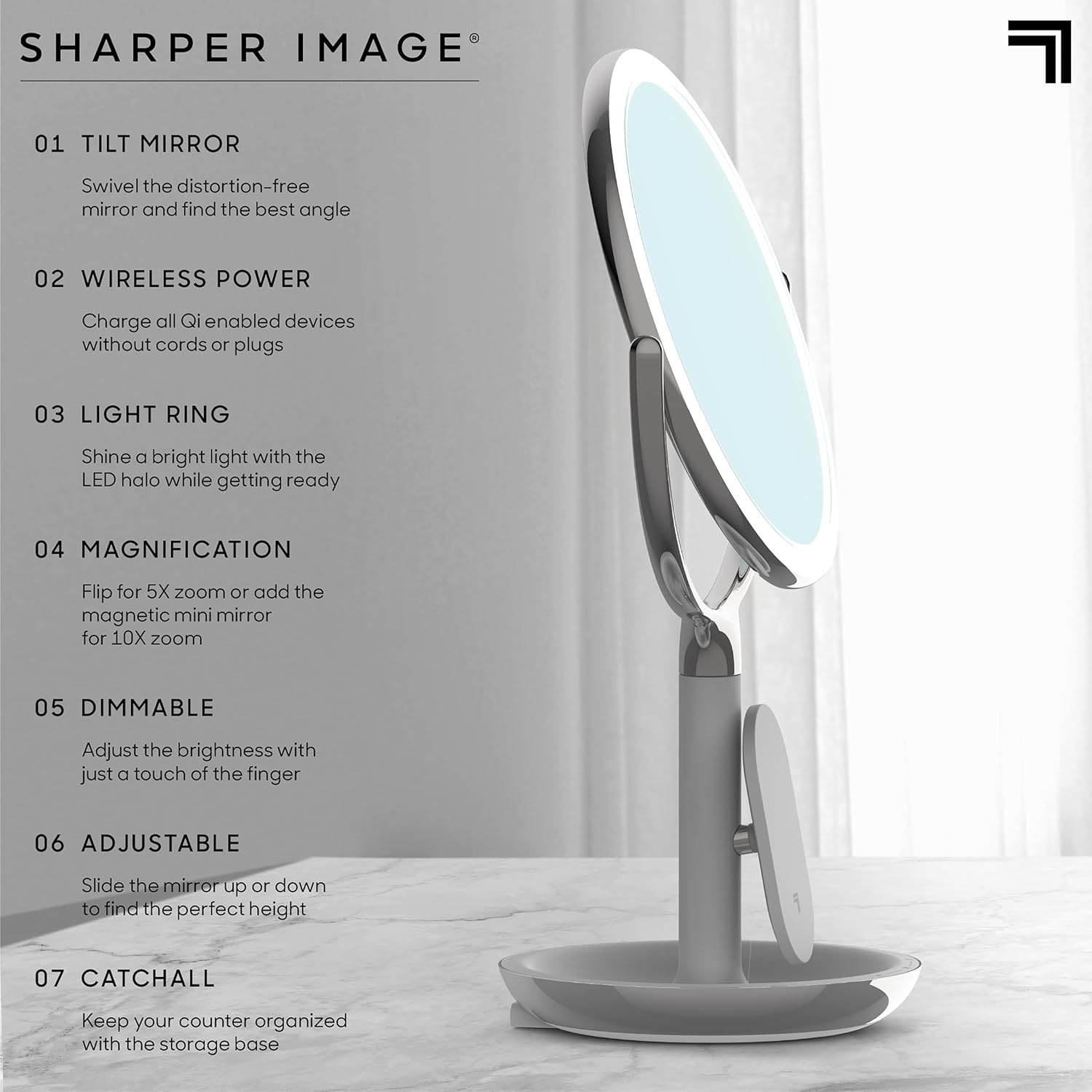 Diagram highlighting the features of the Sharper Image SpaStudio Vanity Mirror: Tilt Mirror, Wireless Power, Light Ring, Magnification, Dimmable, Adjustable, and Catchall storage base.
