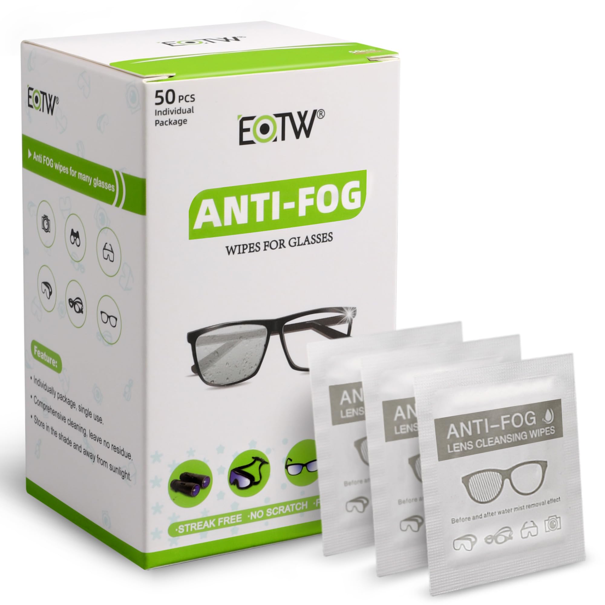 EOTW Anti Fog Wipes for Glasses, No Fog Lens Cleaner Wipes for Glasses, Individually Packed Pre-Moistened, Pack of 50