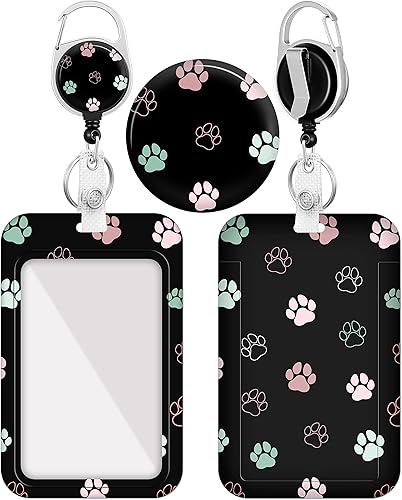 Plifal Portatarjetas con carrete retráctil, bonita identificación de pata de perro, clip de identificación de pata de perro, clip de tarjeta