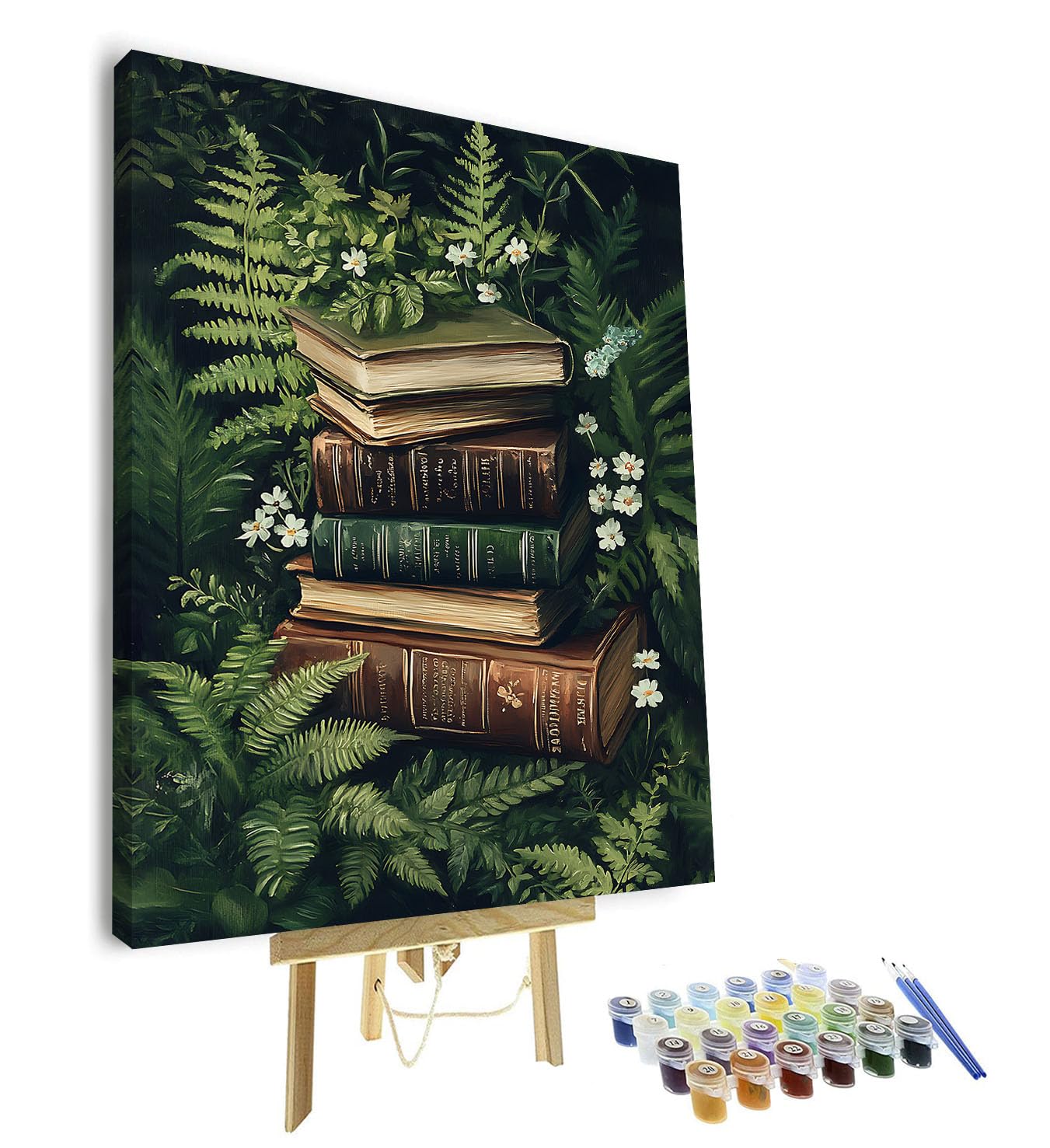 TISHIRON Vintage Books Paint by Numbers for Adults, Green Leaf DIY Paint by Numbers Kits on Canvas, Botany Theme Oil Painting for Gift Home Wall Decor Art Crafts 16"x20"(Framed)