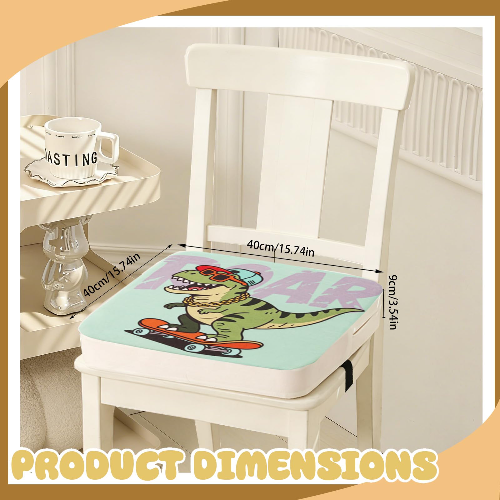 Sitzerhöhung Stuhl, 40 x 40 x 9 cm Tragbare Sitzerhöhung, Sitzerhöhung Sitzkissen mit 2 Sicherheits Schnalle Rutschfeste & Anti-Rutsch-Boden für Zuhause Unterwegs (Dinosaurier)