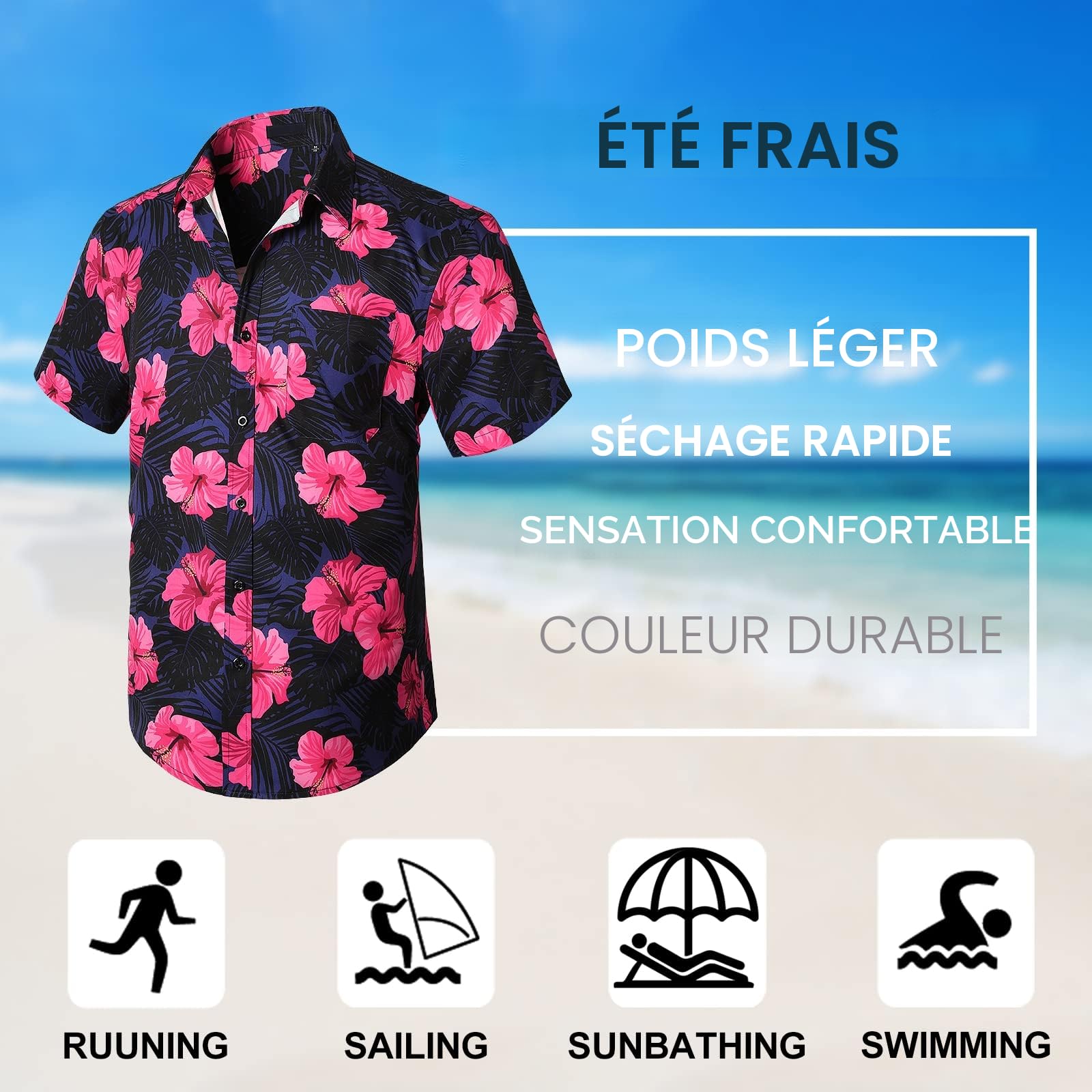 Enlision Chemise Hawaïenne Homme Manches Courtes Fleurs Ananas Jungle Chemises Hawaïennes Funky Imprimé Hawaii pour Plage Vacances avec Poche-Avant