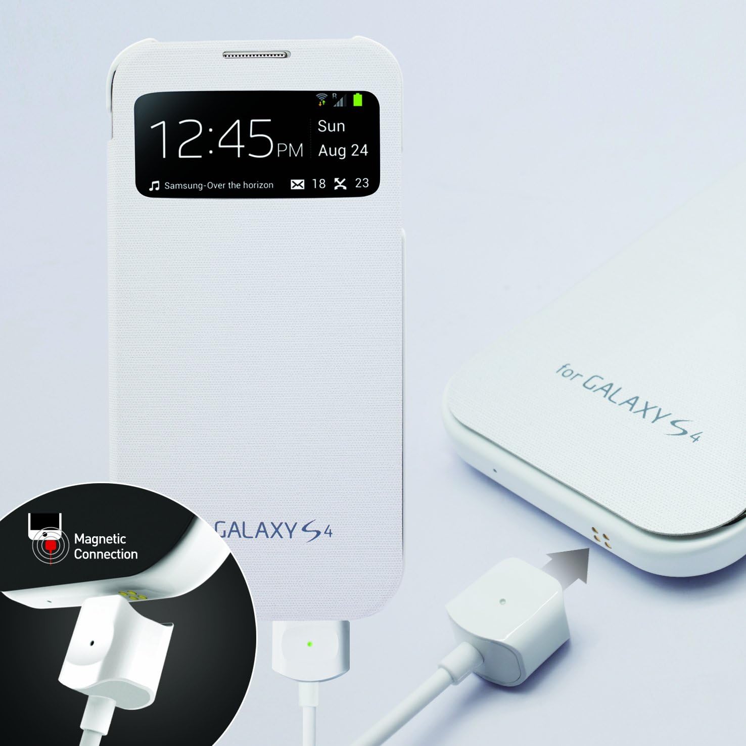MagNector White S-View Protective Flip Cover Hard Case w/ Pogo Magnetic Charge & Sync Data Cable Combo for Samsung Galaxy S4