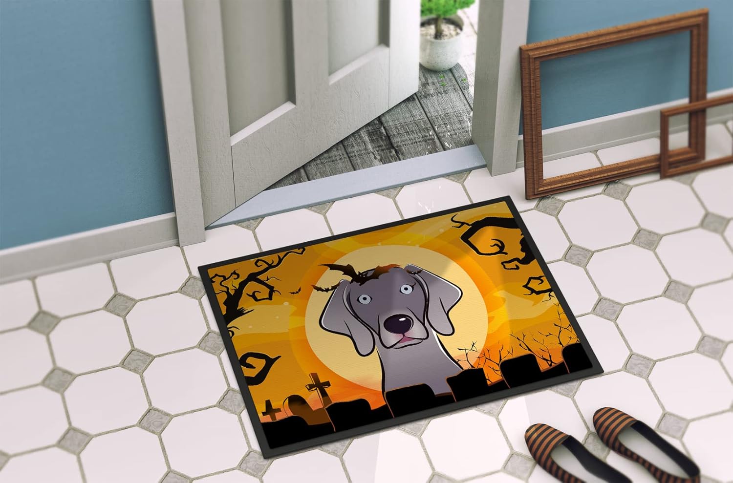 Caroline's Treasures BB1789JMAT Halloween Weimaraner Doormat 24x36 Front Door Mat Indoor Outdoor Rugs for Entryway, Non Slip Washable Low Pile, 24H X 36W