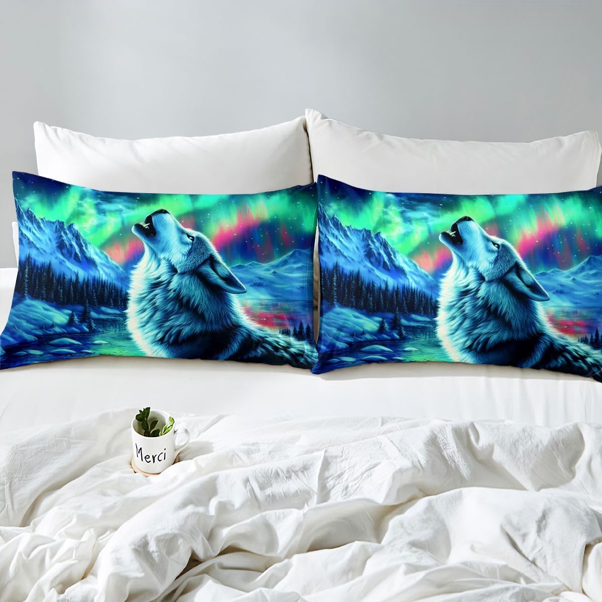 Castle Fairy Howling Wolf Duvet Cover Set Full Size,Northern Lights Mountain River Kids Bedding Set,Wild Animal Aurora Art Style Room Decor,Bule Quilt Cover,2 Pillowcases(No Comforter)