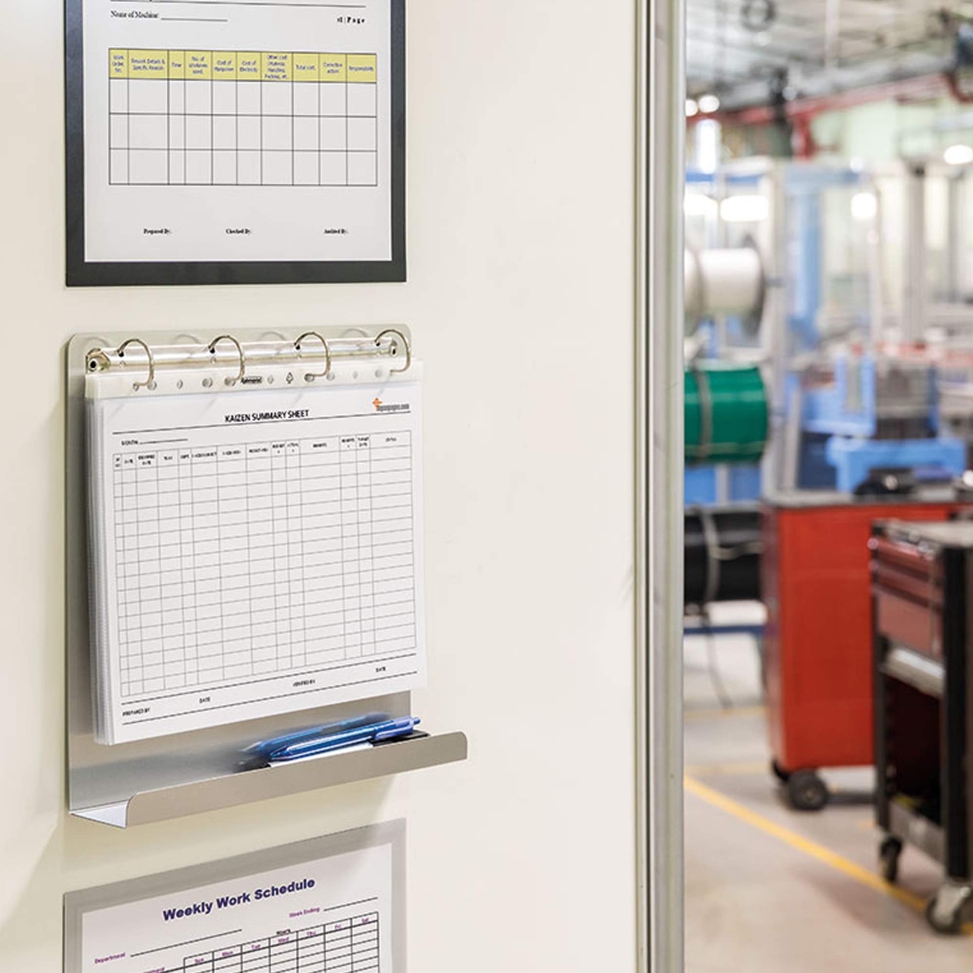 Djois, 181111 - Magnetischer Dokumentenhalter aus Aluminium mit 4-Ring-Mechanik und Ablage, DIN A4, Silber, repositionierbar für Whiteboard und Metallflächen, ideal für Lean Management