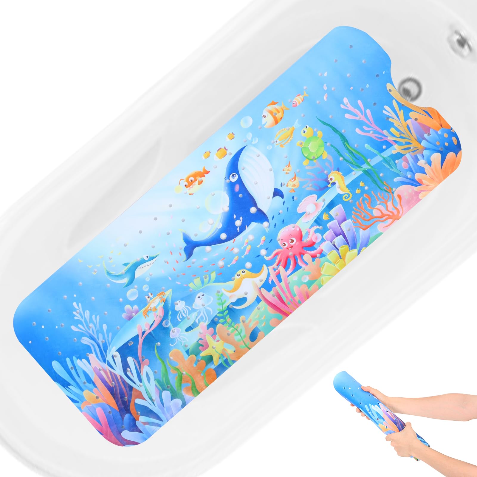 Bath Mat, 40x16inch Non Slip Cute Cartoon Shower Mat with Strong Suction Cups, Bathtub Mats for Toddlers Children, Machine Washable(C)