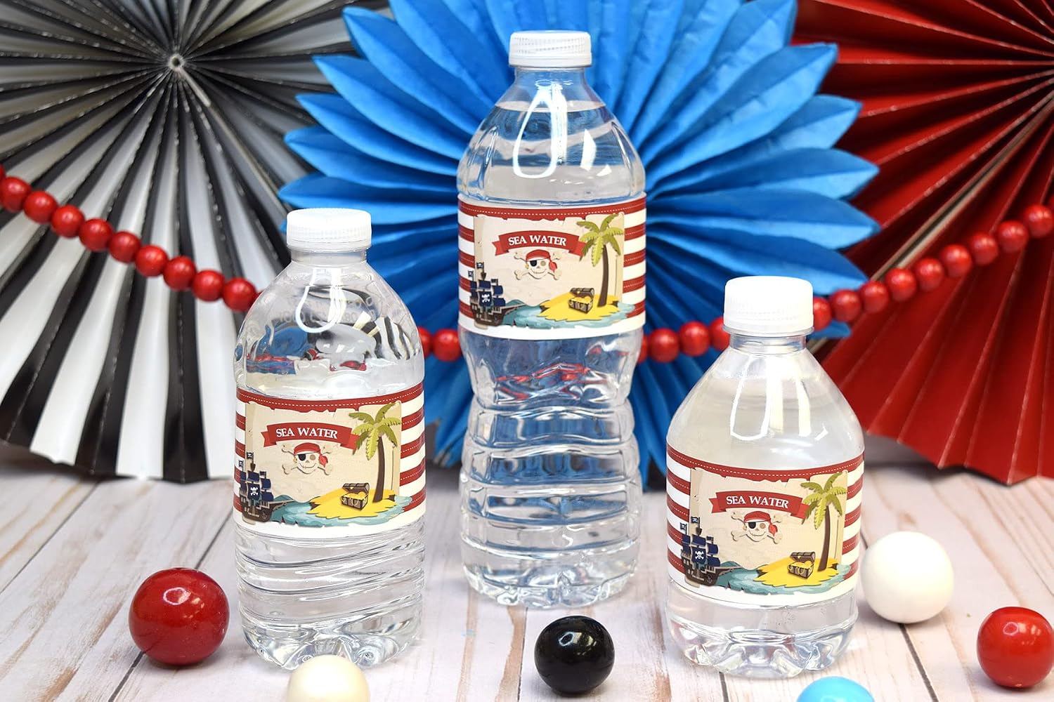 Pirate Water Bottle Labels, 20 Waterproof Vinyl 1.75 x 8.5 Inch Wraps for Pirate Birthday Party Drinks, Treasure Map Theme, Made in USA by Amanda Creation image 2