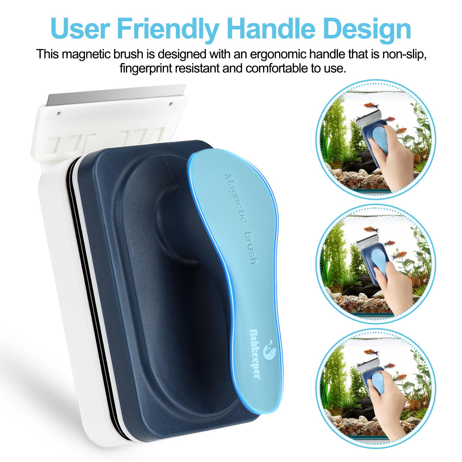 fishkeeper 2-in-1 Aquarium Reinigung Magnetbürste, Aquarium Magnet Scheibenreiniger, Ergonomischer Griff Aquarium Zubehör, Aquarium schwammbürste mit Abnehmbarem Schaber (M)