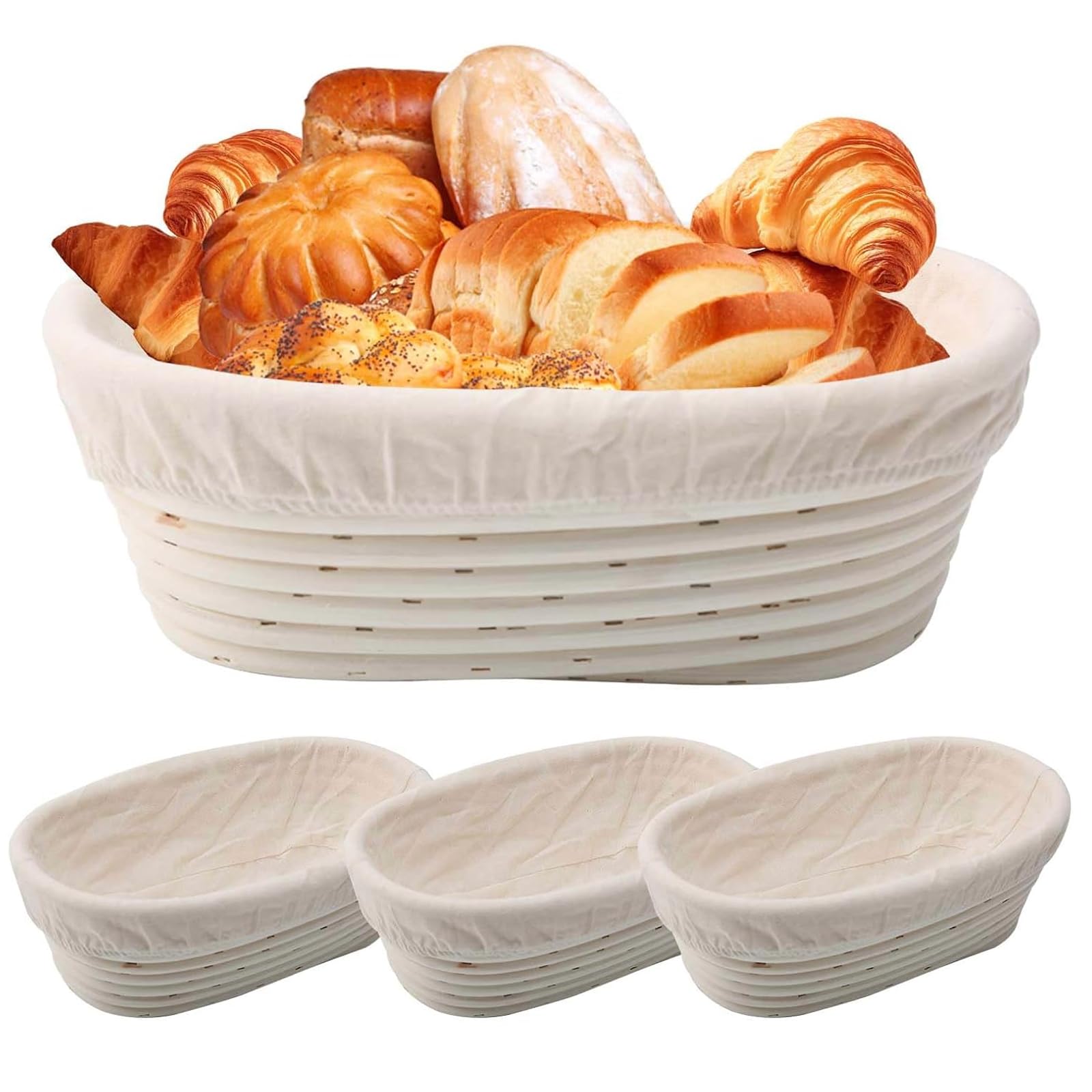 Set mit 3 Gärkörben, 25,4 cm, oval, für Sauerteig, Brot, Teiggärschalen mit Einlagen, perfekt für professionelles und privates Teigbacken