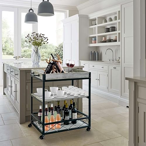 Miniatura 5 de Carrito de bar, carritos de bar para servir para el hogar con parte superior móvil, carrito móvil de madera con ruedas y soporte de vidrio, carrito