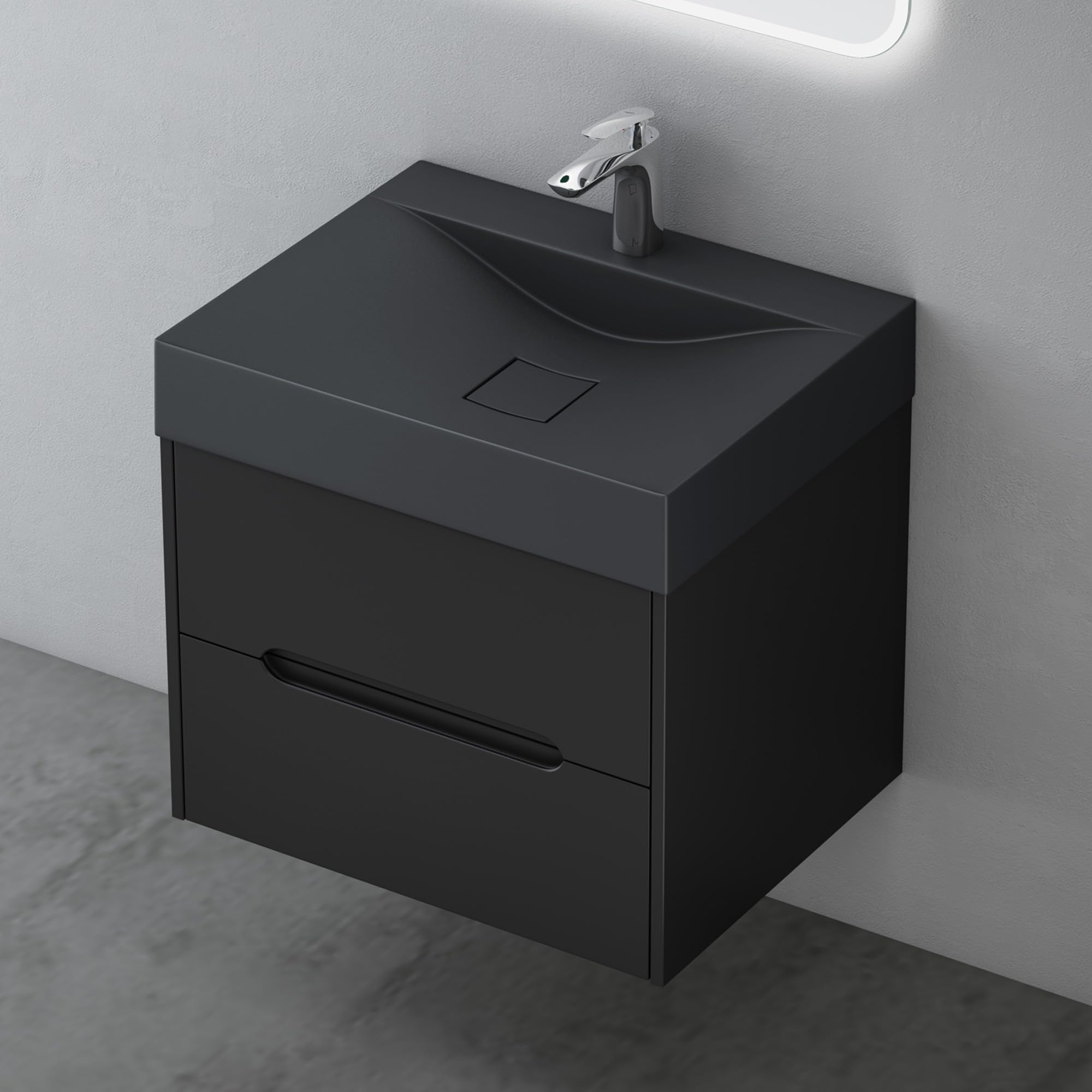 Mai & Mai Badezimmermöbel Waschbeckenunterschrank mit Softclose Schubladen inkl. Mineralguss Waschbecken 60cm in Matt Schwarz Badmöbel-Set Yoga