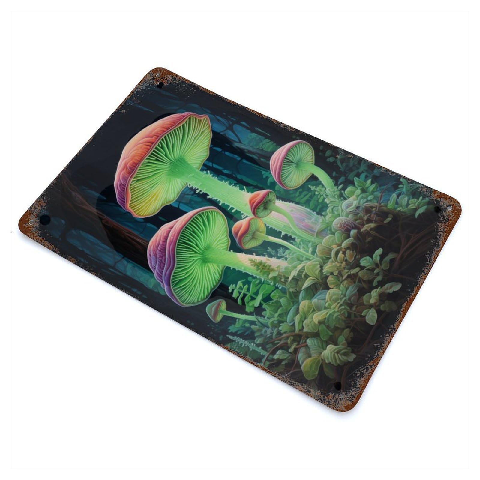 Weathered Tin Sign Mushrooms in Green 11.8"x7.9", Rustic Home Decor for Bistro, Counter And Cafe Decor