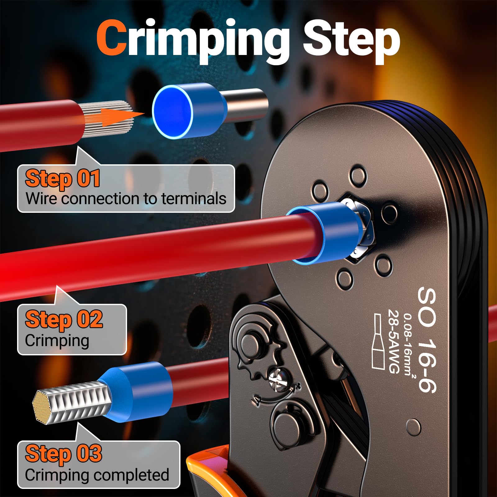 Preciva Kit di crimpatura per puntali, crimpatrice esagonale AWG 28-5 con cricchetto autoregolante, include 1500 puntali, per cablaggio industriale e terminali elettrici