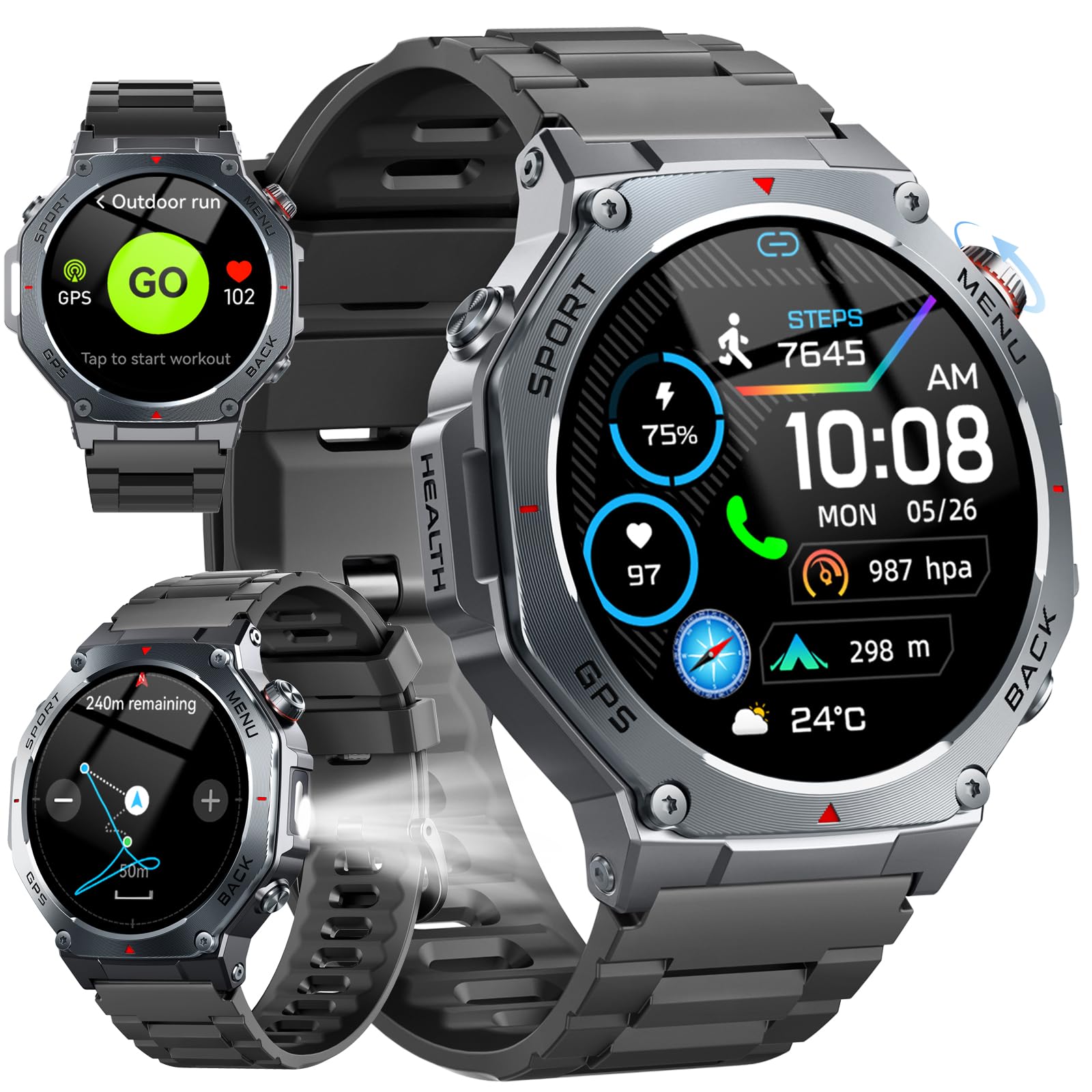 Reloj Inteligente Hombre Militar con GPS y Linterna LED, 5ATM Smartwatch con Brújula llamadas Bluetooth Pulsómetro Oxímetro Sueño, 1.43"AMOLED Reloj Deportivo con 160+Modos Deportivos para IOS Android