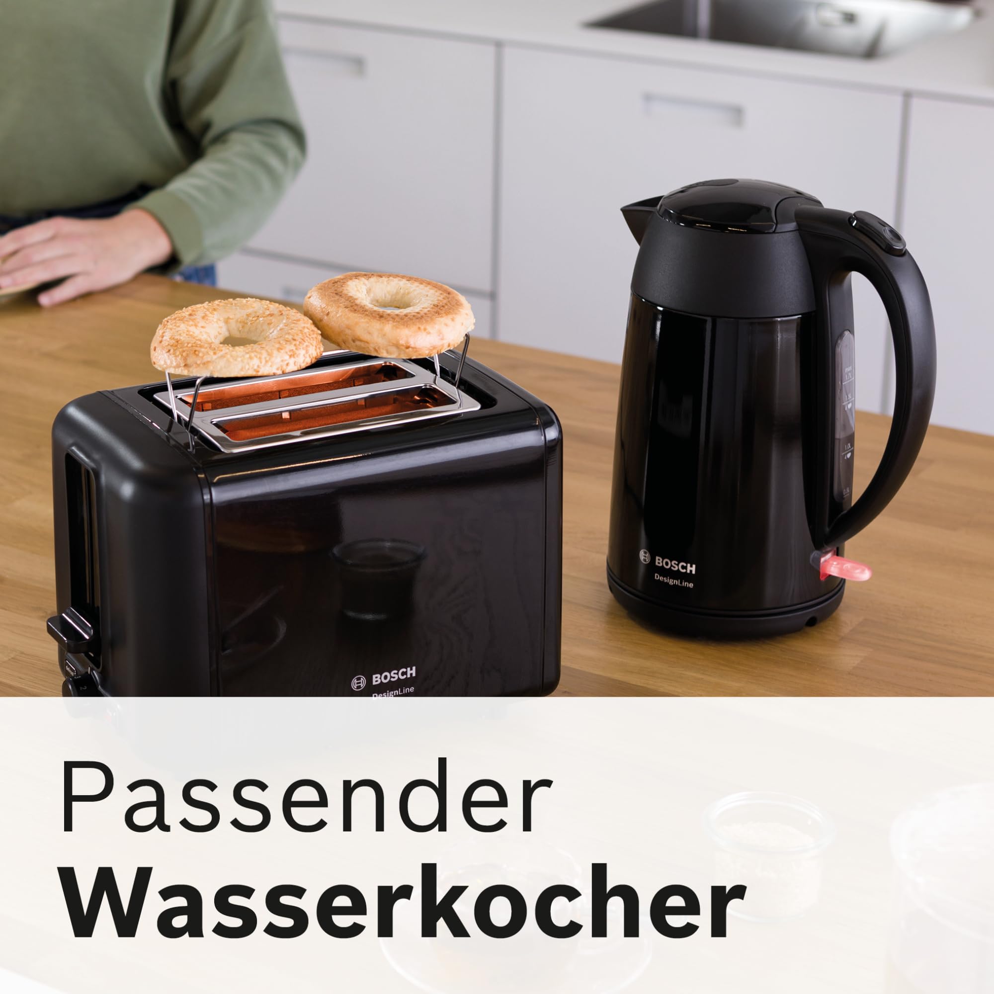 Bosch Kompakt Toaster DesignLine TAT3P423DE, Integrierter Edelstahl-Brötchenaufsatz, Mit Abschaltautomatik, Mit Auftaufunktion, Perfekt Für 2 Scheiben Toast, Liftfunktion, Breit, 970 W, Schwarz