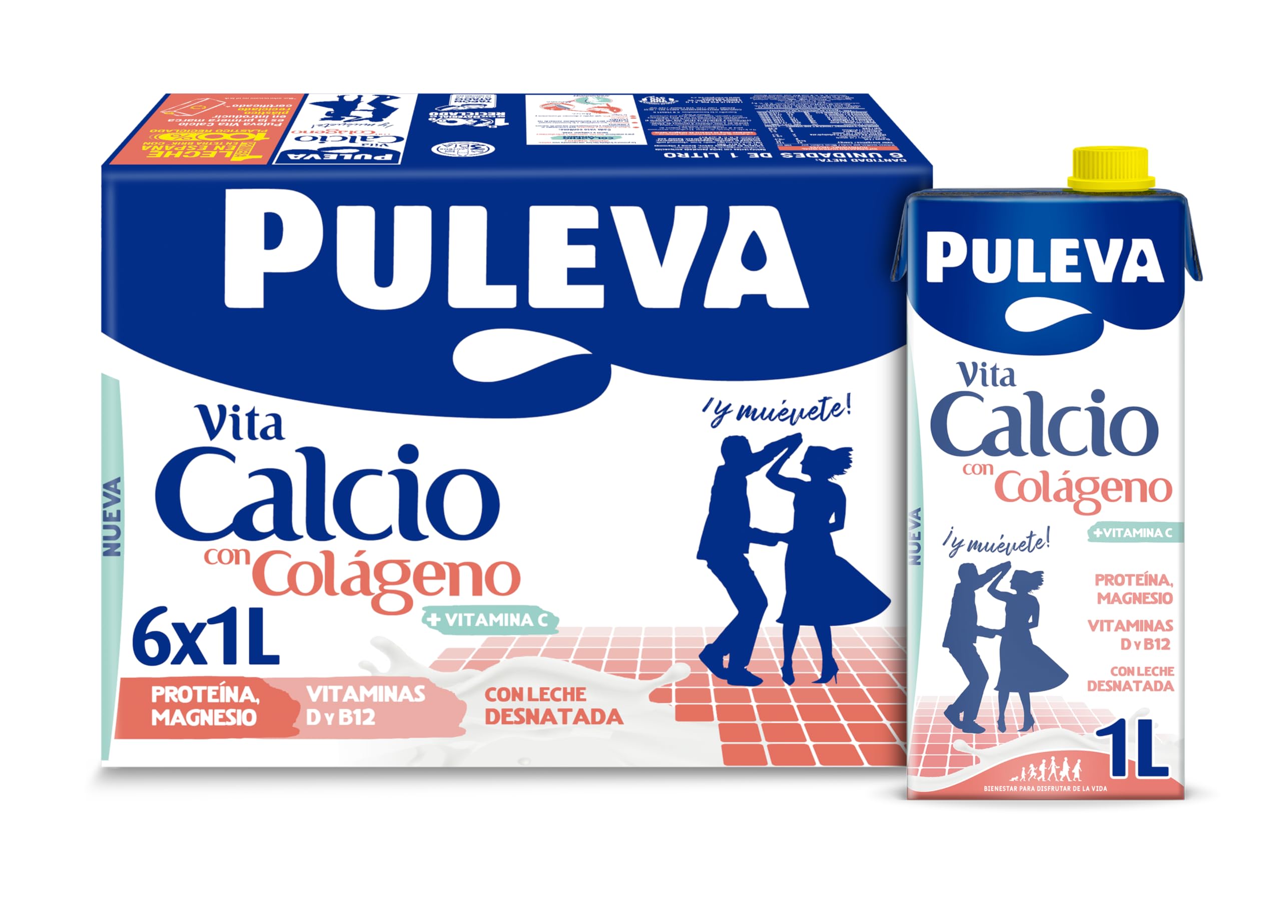 Puleva Vita Calcio Leche Desnatada con Colágeno, Vitaminas C, B12, Calcio y Magnesio Pack 6x1L